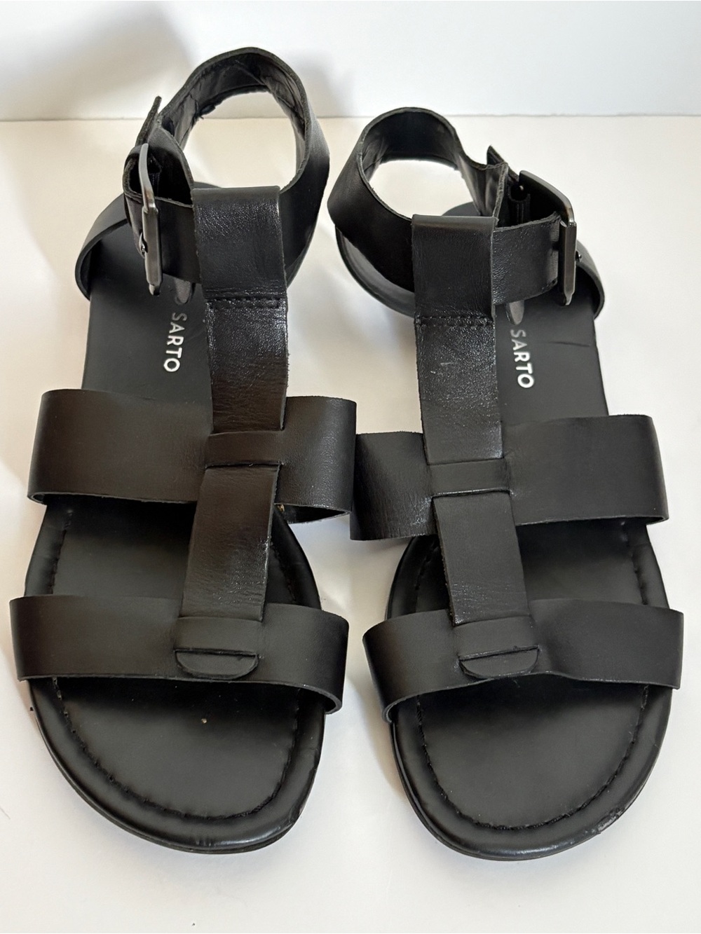 Franco Sarto Black Leather Strappy Gladiator Ankle Buckle Flat Sandals Sz 8 8.5